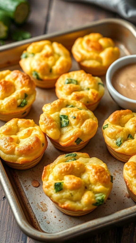 Savory Zucchini Egg Muffins Recipe A tray of zucchini egg muffins with cheese and herbs, displayed on a wooden table.